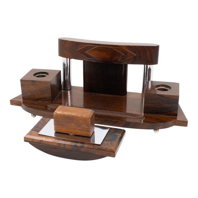 Art Deco Desk Accessory, Macassar Wood and Metal Inkwell and Blotter For Sale