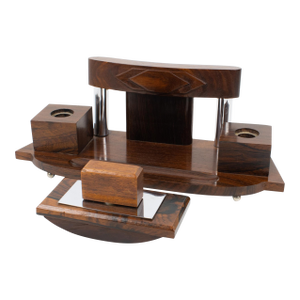 Art Deco Desk Accessory, Macassar Wood and Metal Inkwell and Blotter