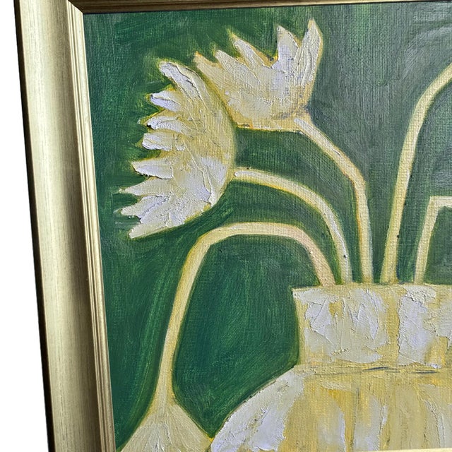 Contemporary Original Floral Still Life With Round Vase, Oil on Canvas in Brushed Gold Frame, 14.5" X 14.5" by Tatiana Duperault For Sale - Image 3 of 5