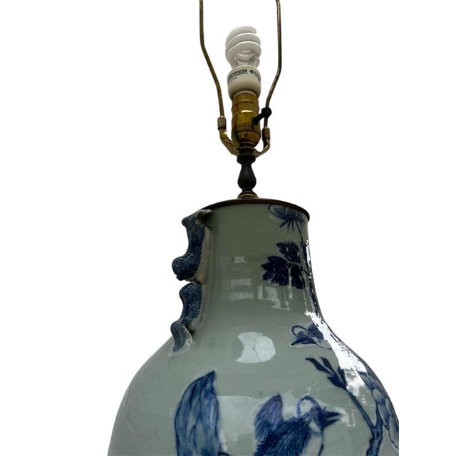 Pair of Large-Scale Vintage Chinese Blue & White Porcelain Chinoiserie Table Lamps For Sale - Image 10 of 12