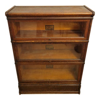 1900s Tiger Oak Arts & Crafts Barrister 3-Shelf Bookcase For Sale