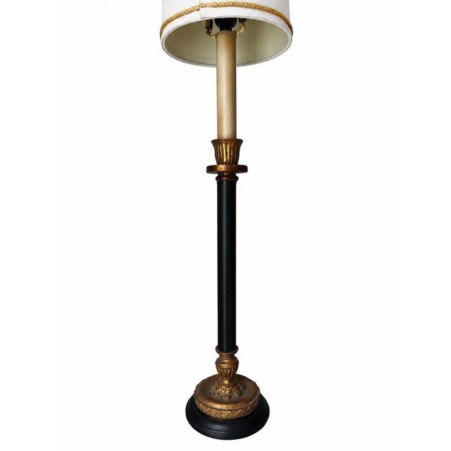 Metal Black and Gold Neoclassical Candlestick Table Lamp With Braided-Trim Shade For Sale - Image 7 of 11