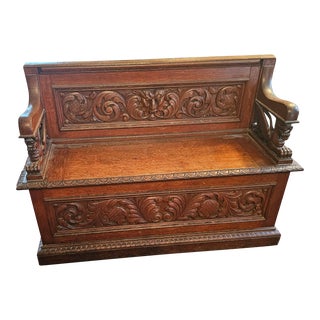 Early 1900s Carved Oak Winged Griffin Hall Bench with Lift Seat For Sale