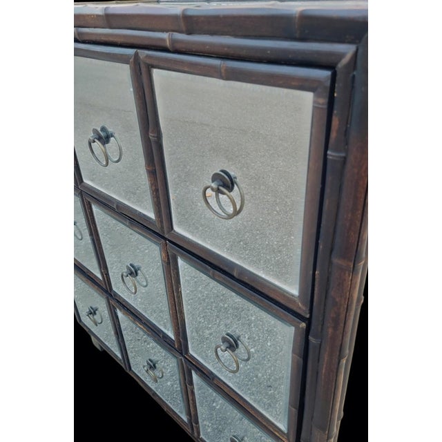 Wood Vintage Mirrored Dark Stained Bamboo 3 Drawer Dorothy Draper Style Chest of Drawers For Sale - Image 7 of 12