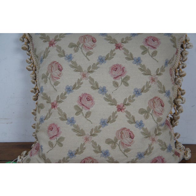 Mid 20th Century Down Filled Floral Crossed Roses Needlepoint Tassel Lumbar Throw Pillow For Sale - Image 4 of 10