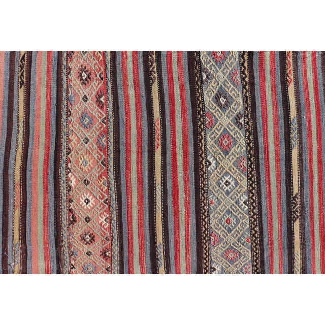 Tribal Vintage Turkish Kilim With Horizontal Stripes and Tribal Motifs in Bright Tones For Sale - Image 3 of 11