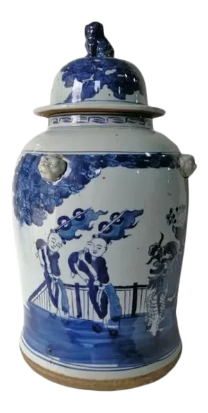 Chinese Blue and White Porcelain Ginger Jar With Hand Painted Playing Children