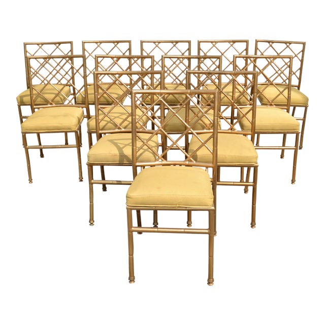 1960s Set 12 Brown Jordan Style Stacking Side Event Chairs Faux Bamboo For Sale