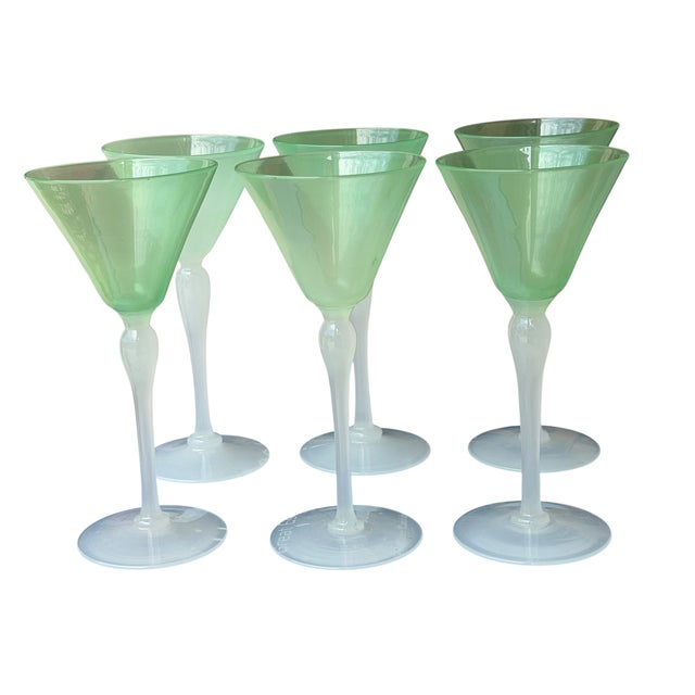 Set of 6 Stevens & Williams Green & White Opaline Glass Cocktail Wine Stems