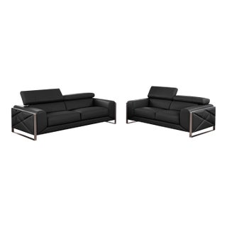 Giorgio Black Italian Leather 2-Piece Sofa Set For Sale