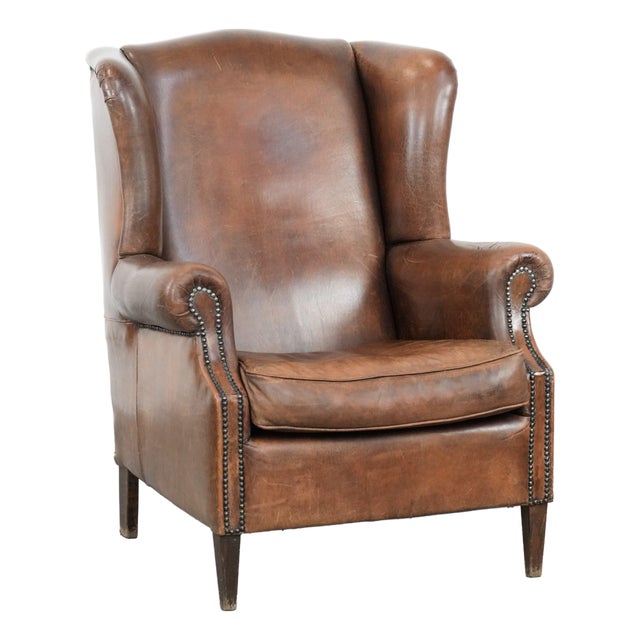Large Vintage Wing Club Chair in Sheepskin Leather For Sale
