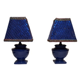 Vintage Bedside Lamps with Blue Ceramic Base and Handmade Sequined Shade by Lamplove, 1990s, Set of 2 For Sale