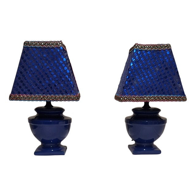Vintage Bedside Lamps with Blue Ceramic Base and Handmade Sequined Shade by Lamplove, 1990s, Set of 2 For Sale