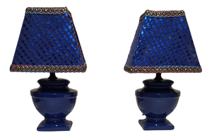Vintage Bedside Lamps with Blue Ceramic Base and Handmade Sequined Shade by Lamplove, 1990s, Set of 2