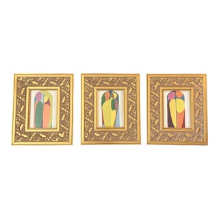 1970’s 3 Vintage Small Abstract Watercolor Paintings Ornate Frames-Set of 3 For Sale