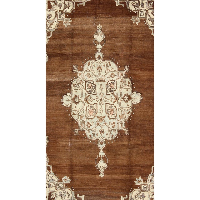 Tribal Vintage Turkish Oushak Rug With Floral Motifs in Chocolate Brown, Ivory, Taupe 5'7 X 8 For Sale - Image 3 of 8