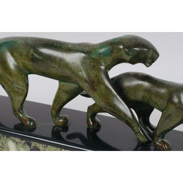 Metal Mid 20th Century Art Deco Patinated Bronze Two Panthers After Michel Decoux on Marble Base For Sale - Image 7 of 9
