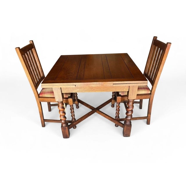 Professionally Refinished 1930s Solid Oak Barley Twist Desk/Table & 2 Matching Chairs Set For Sale - Image 9 of 11