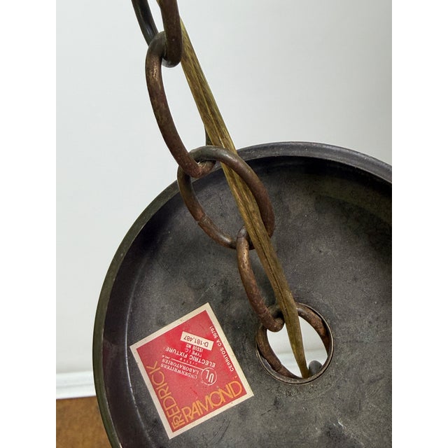 1970s Fredrick Ramond Hexagonal Brass Oak Wood Smoke Glass Chandelier For Sale - Image 10 of 11