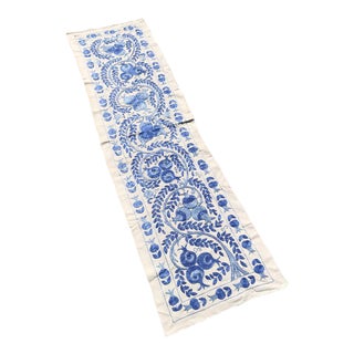 Art Deco Suzani Handmade Blue Crochet Table Runner For Sale