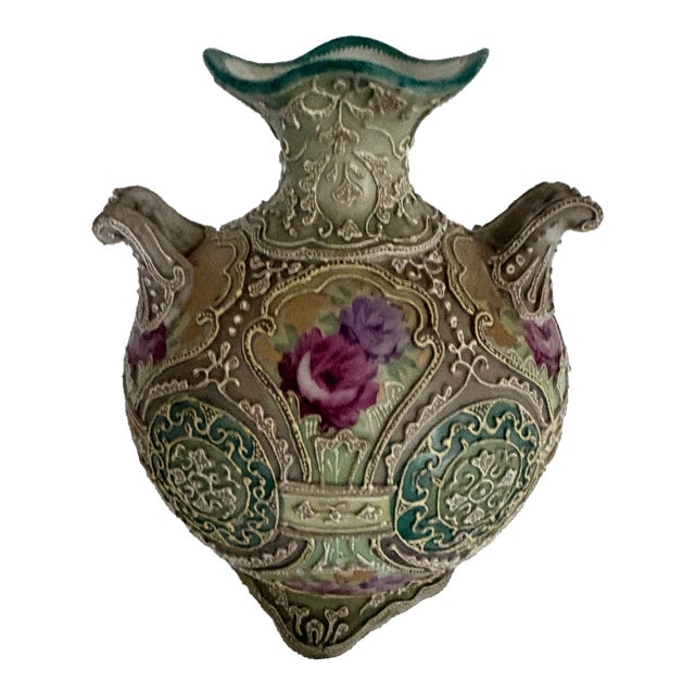 Late 19th C Japanese Double Handles Moriage Porcelain Vase For Sale