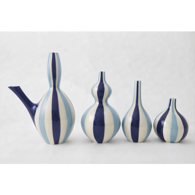 Contemporary Jonathan Adler Happy Chic Set of 4 Blue & White Striped Ceramic Vessels For Sale - Image 3 of 5