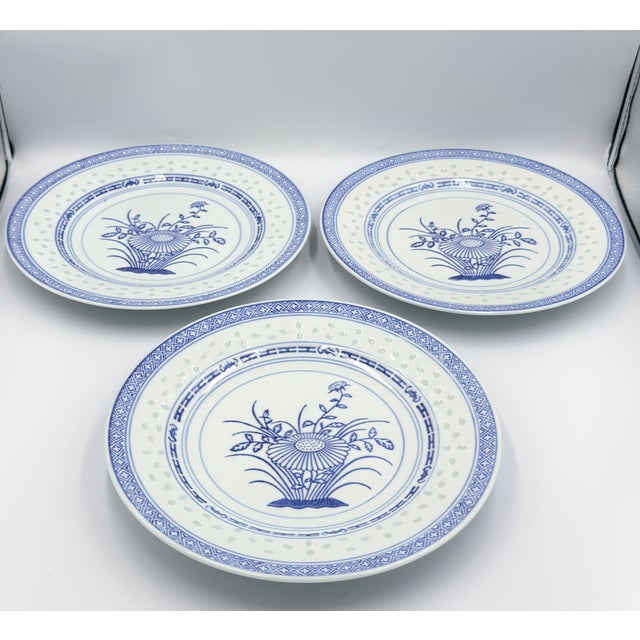 Chinese Vintage Jingdezhen Rice Grain Dinner Plates 10" Set of 3 Chrysanthemum Porcelain For Sale - Image 3 of 7