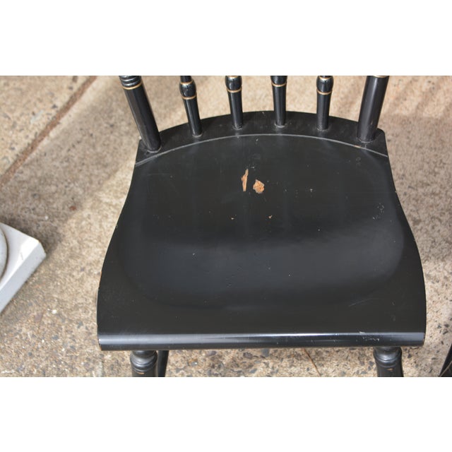 This is a set of four vintage S. Bent Bros dining chairs circa 1971. Crafted in the Hitchcock style, the colonial-revival...