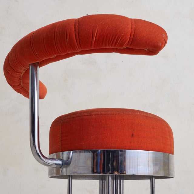 Asian Italian Chrome Bar Stool in Original Orange Upholstery, 1970s - 3 Available For Sale - Image 3 of 11