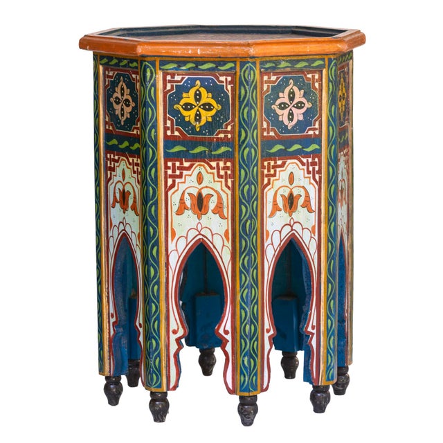 Wood Pair Of Vintage Hand Painted Moroccan Side Tables For Sale - Image 7 of 14