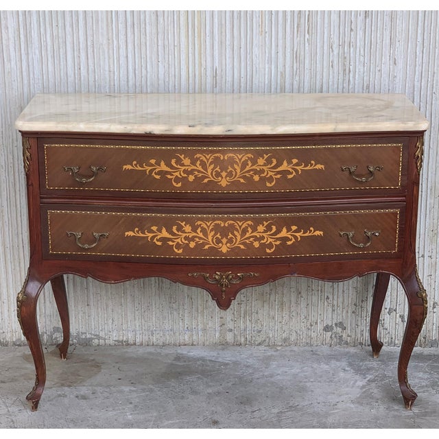 Mid-Century Modern 20th Century Marquetry Chest of Drawers With Bronze Details and Cream Marble Top For Sale - Image 3 of 10