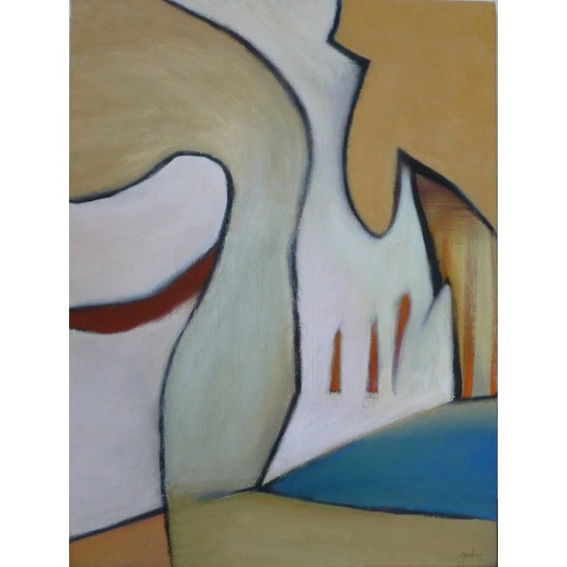 This original oil painting on stretched canvas, titled "Shelter," is a captivating abstract piece. The skillful...