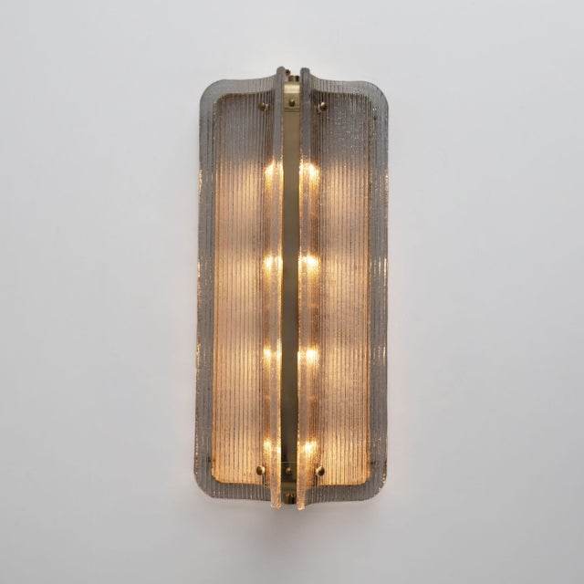 2000 - 2009 Curved Smoked Ribbed Murano Glass and Brass Wall Sconces, 2000, Set of 2 For Sale - Image 5 of 9