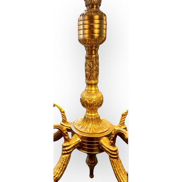 Hollywood Regency 1950s Petite Vintage Cast Brass Five Light Chandelier With Silk Shades For Sale - Image 3 of 14