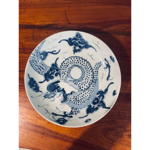 Chinese Antique Porcelain Blue & White Dragon Dish “Yongzheng Period” ( 1723-1735), 10.5” Dia. For Sale - Image 4 of 5