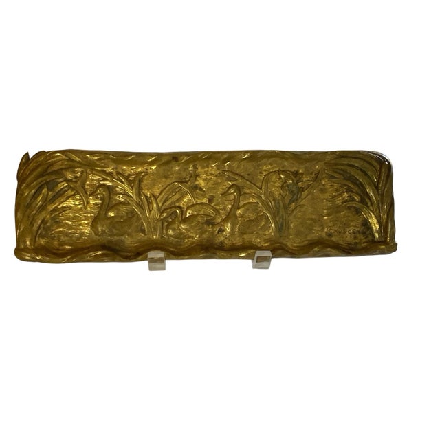 Art Nouveau Rare Antique French Art Nouveau Signed Gilt Bronze Swan Pen Tray by G. Huygens, 12" Made in France 1895-1910 For Sale - Image 3 of 4