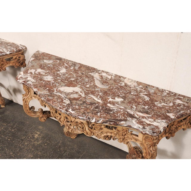 Wood Early 19th Century French Rocaille Carved Marble Top Consoles For Sale - Image 7 of 13