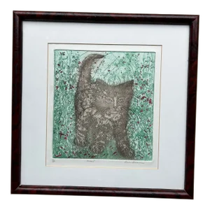Original Hand Colored Etching of a Kitten in Tall Grass