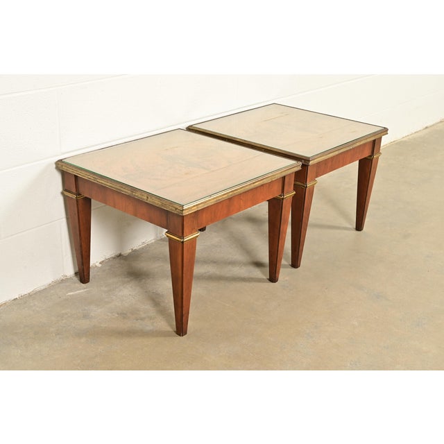 Baker Furniture Company Baker Furniture French Regency Louis XVI Cherry, Burl Wood, and Brass Side Tables, Pair For Sale - Image 4 of 10