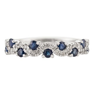 Natural Blue Sapphire & Diamond Wavy Half-Eternity Band Ring Size 6 in 14k Gold For Sale
