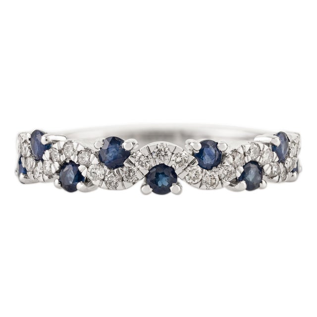 Natural Blue Sapphire & Diamond Wavy Half-Eternity Band Ring Size 6 in 14k Gold For Sale