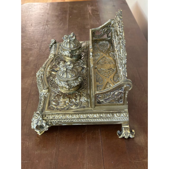Antique Cast Brass Double Inkwell With Letter Holder – Ornate Baroque French Louis XIV Style, 10+ LBS For Sale - Image 13 of 13