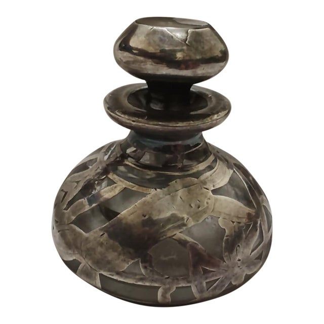Vintage Perfume Bottle. Glass With Sterling Silver Inlay. Early 20th Century. For Sale