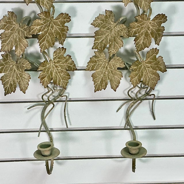 Metal 1950s Vintage Italian Rustic European Tole Leaf Candle Sconces - A Pair. For Sale - Image 7 of 13