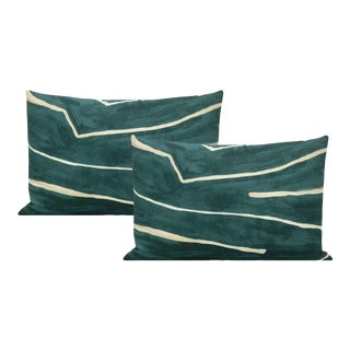 12" X 18" Teal & Pearl Graffito Velvet Panel & Linen Lumbar Pillows - a Pair For Sale