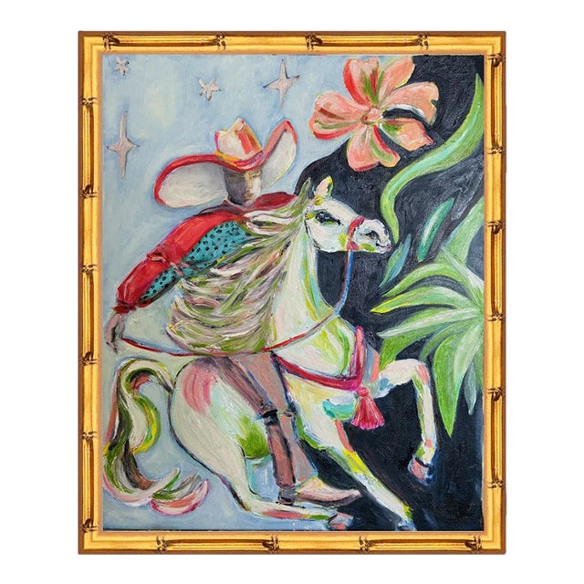 Original Cowboy & Horse Painting in Gold Bamboo Frame, Oil on Canvas, 16" X 20" by Tatiana Duperault For Sale