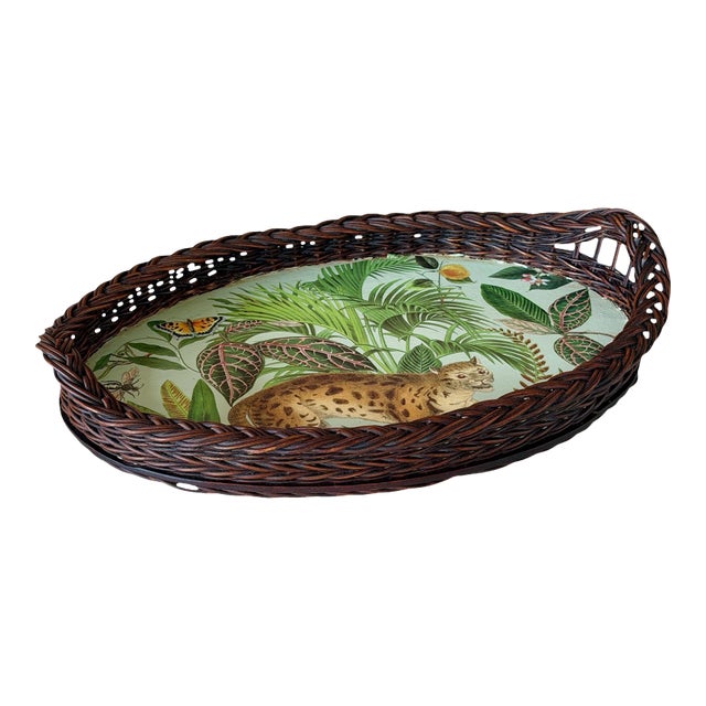 Vintage Hand Painted & Decoupaged Rattan Leopard Oval Serving Tray For Sale