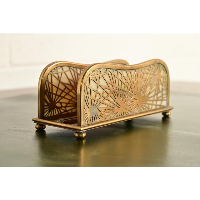 A gorgeous antique Arts & Crafts or Art Deco period gilt bronze and Favrile slag glass "Pine Needle" pattern desk letter...
