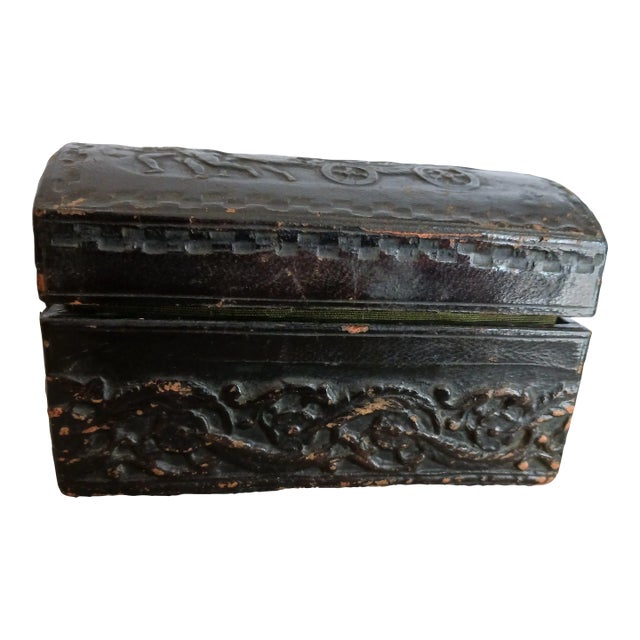 Cherub and Angel Italy Antique Black Leather Dometop Box For Sale