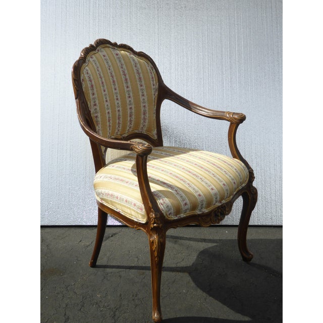 French Provincial Gold Striped Chair With Highly Carved Ornate Frame